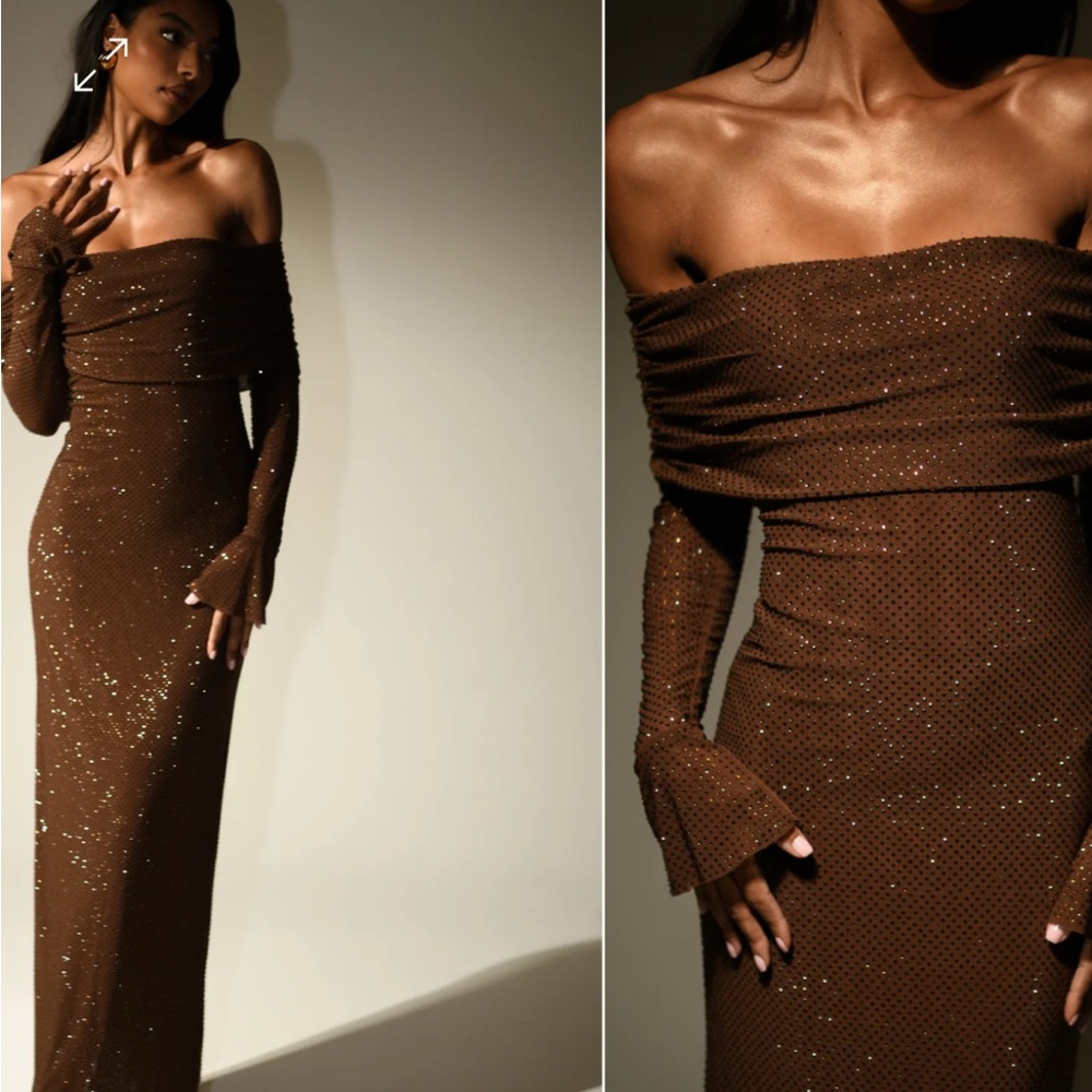 Elegant Brown Off-Shoulder Meshki Dress